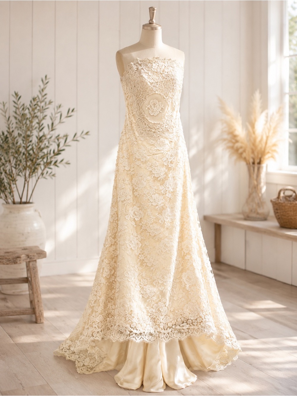 ✨ Melissa Sweet Ivory Lace Strapless Wedding Dress Sheath Vintage Small ✨